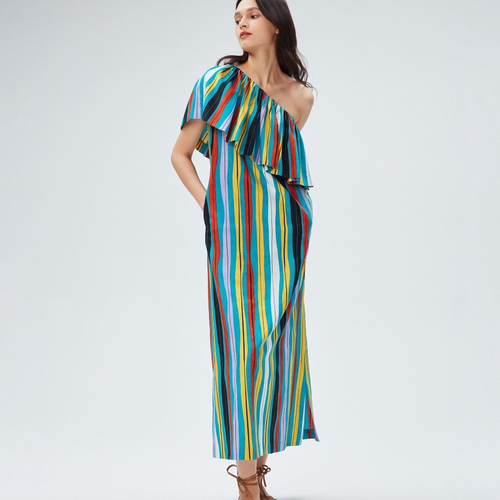 Diane Von Furstenberg DVF Amrita Dress Cotton Linen One-Shoulder Maxi Size XS